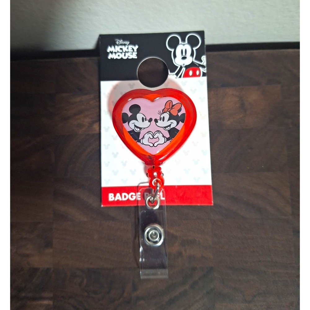 Disney Retractable Heart ID Badge Holder Reel Belt Clip Mickey & Minnie Red
